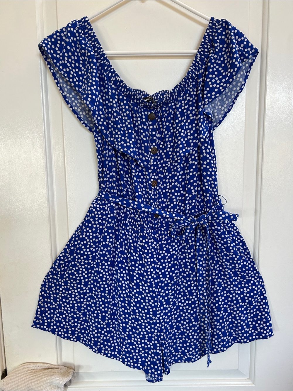Express Royal Blue and White Polka Dot Dress-Style Romper-M